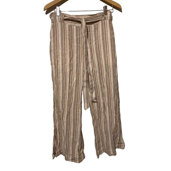 Indigo Rein Linen Blend Cropped Beach Pants Womens L Large Beige Striped - Picture 1 of 5